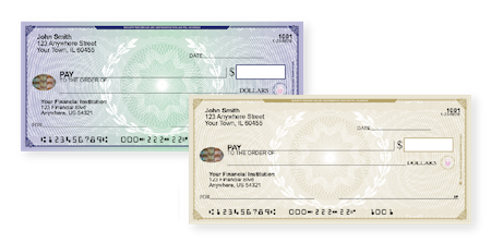 Four staggered personal checks with oval holograms on the left side. The colour patterns displayed are:
                Blue-Green, Parchment, Green Purple, and Purple-Orange
