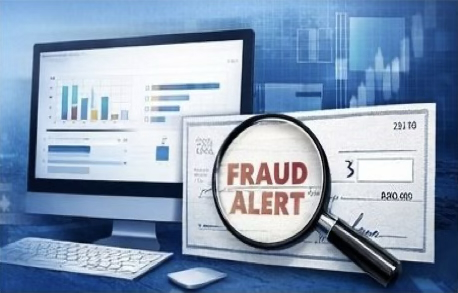 A graphic showing a bank check with a magnifying glass focusing on the works 'Fraud Alert'. Behind the
           check is a desktop computer displaying bar graphs.