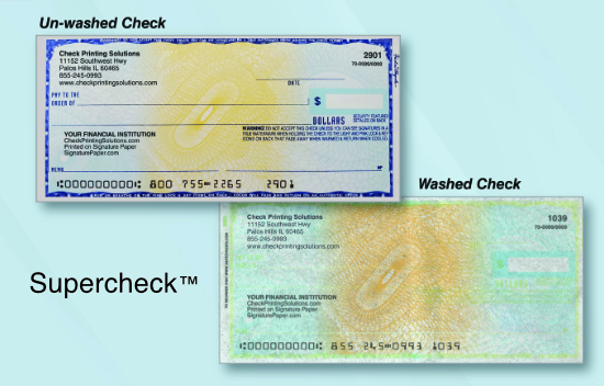 A comparison of two bank checks, from the product line called Supercheck. The first is labelled
              'Un-washed Check' which depicts a professionally printed check with a blue and yellow patterned
              background. The second is labelled 'Washed Check' which has a notably degraded background, and is missing
              several printed elements.